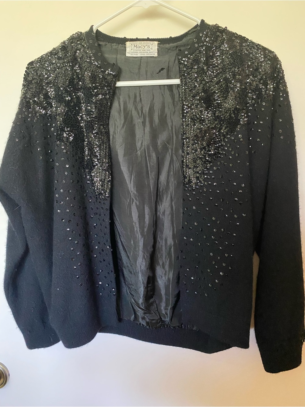 Macy's Black Sequin Lambswool & Angora Vintage Cardigan Sweater